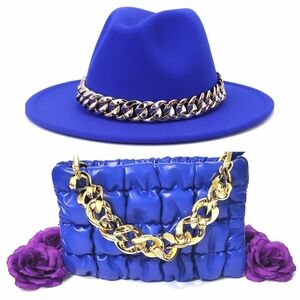Elegant Blue Hat and Bag Set with Gold Chain